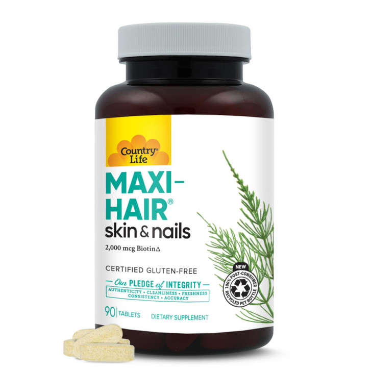 Country Life Maxi-Hair Supplement - 2000mcg Biotin & Vitamins for Hair, Skin & Nails - Certified Gluten-Free & Vegetarian - Supports Hair Growth, 90