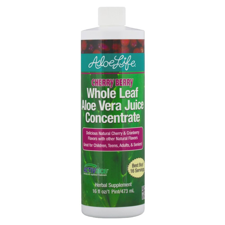 Aloe Life - Whole Leaf Aloe Vera Juice, Certified Organic, Gluten-Free (Cherry Berry, 16 oz)