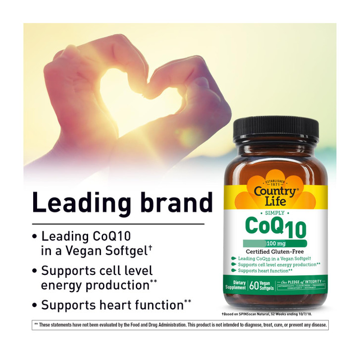 Country Life Simply CoQ10 100mg  Heart Function & Cellular Energy Support Supplement, Pure Coenzyme Q10 for Antioxidant & Cardiovascular Health, Cer