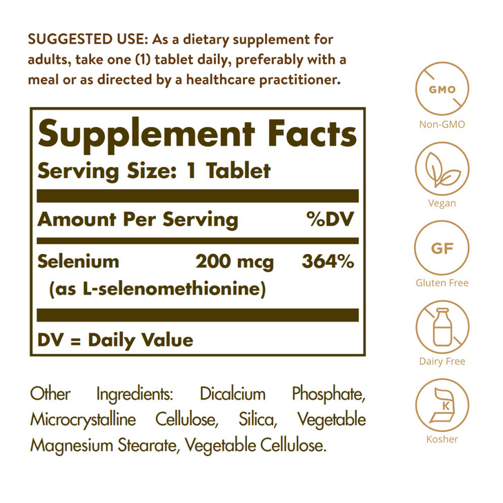 Solgar Yeast-Free Selenium 200 mcg, 250 Tablets - Supports Antioxidant & Immune System Health - Non-GMO, Vegan, Gluten Free, Dairy Free, Kosher - 250