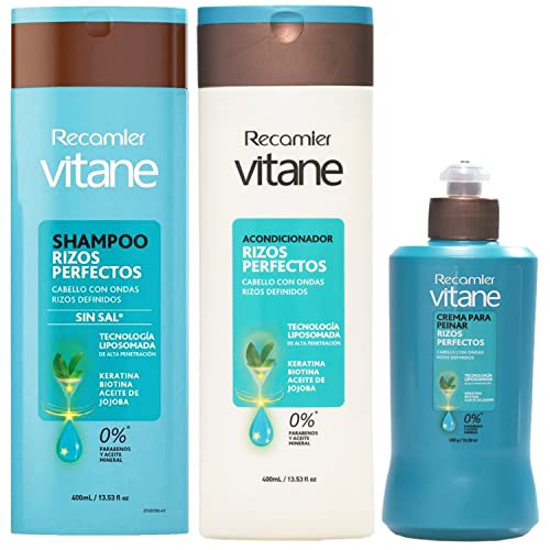Vitane Perfect Curls,Shampoo,Conditioner,Styling Cream,Cabellos con Ondas Rizos Definidos 400 ml. Parabens Free. 3 Pc Set