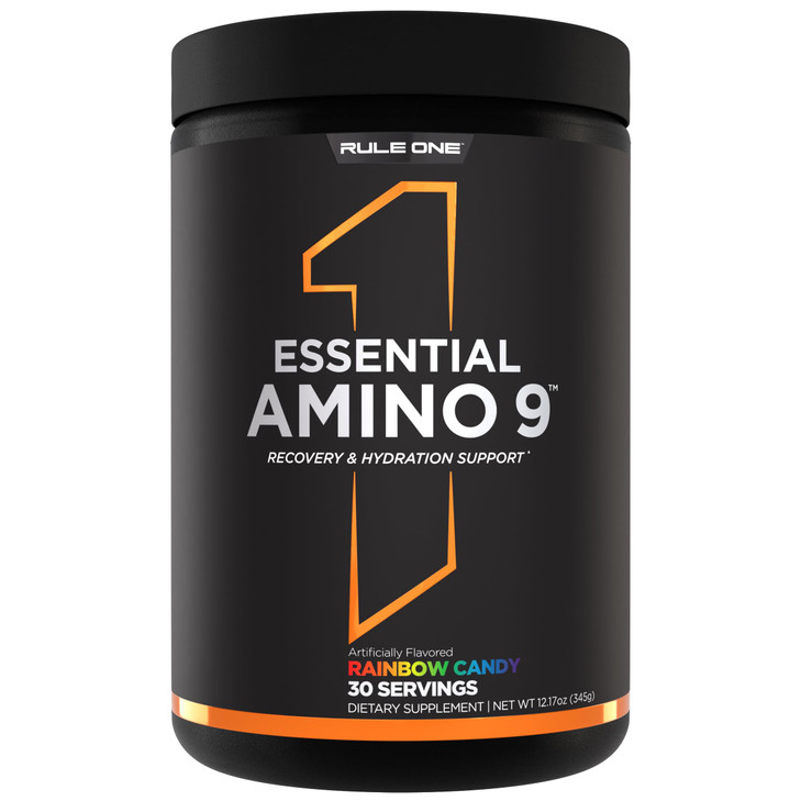 Rule 1 Essential Amino 9  Recovery & Hydration Support with 7.5g of Essential Amino Acids + Electrolytes (30 Servings, Rainbow Candy)