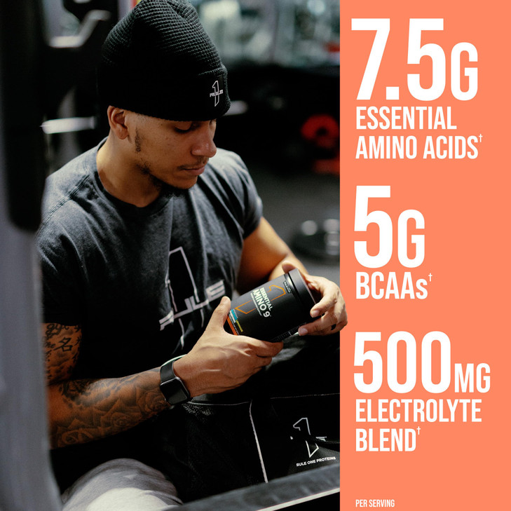 Rule 1 Essential Amino 9  Recovery & Hydration Support with 7.5g of Essential Amino Acids + Electrolytes (30 Servings, Rainbow Candy)