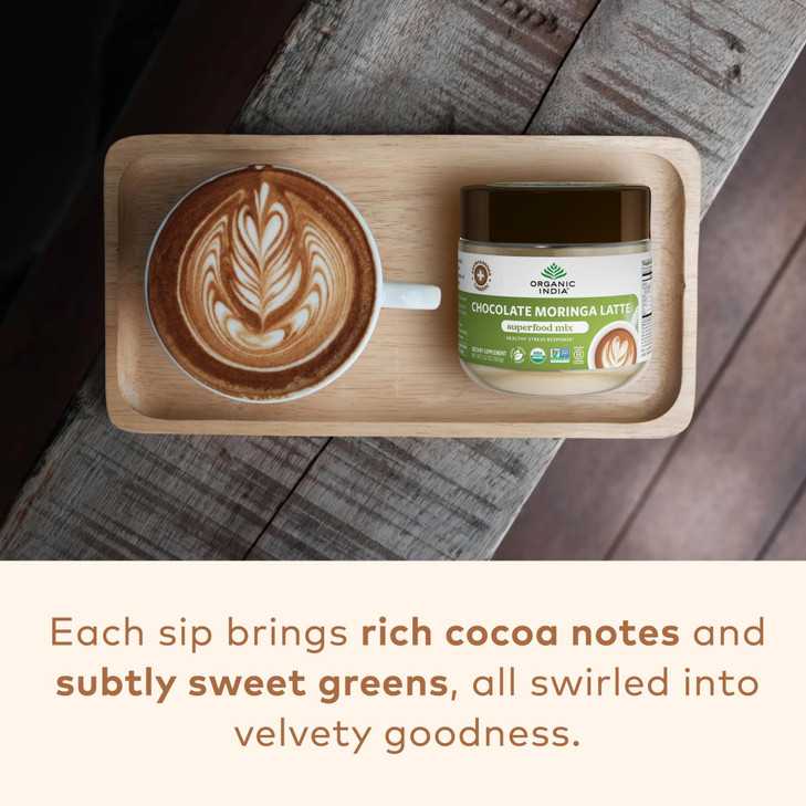 Organic India Chocolate Moringa Latte Powder - Superfood Mix, Moringa Leaf Tea, With Ashwagandha and Turmeric, Dietary Supplement, Stress Support, Ri