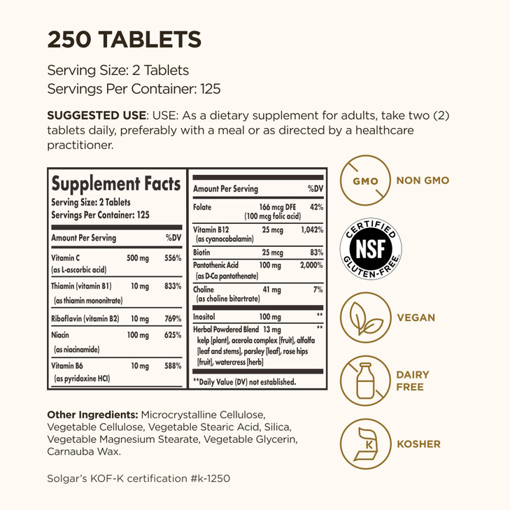 Solgar B-Complex with Vitamin C Stress Formula, 250 Tablets - Energy Metabolism, Nervous System & Immune Support - Non-GMO, Vegan, Gluten Free, Dairy
