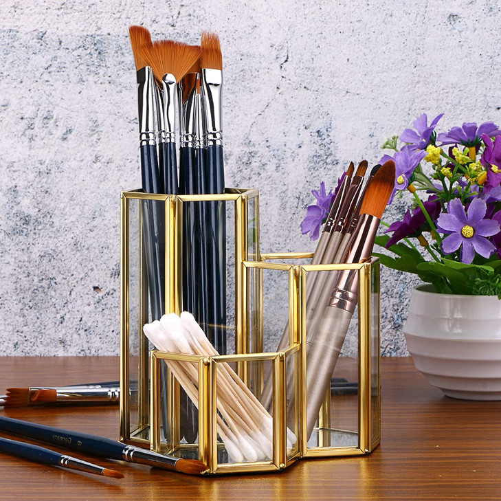 Hipiwe 3 Slots Glass Makeup Brush Holder - Gold Hexagon Cosmetics Brush Eyeliners Display Cup Home Decorative Makeup Organizer Desktop Pen/Pencil Pot