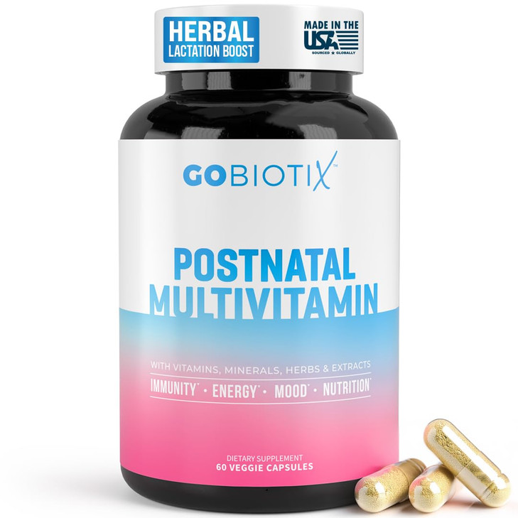 GOBIOTIX Postpartum Vitamins for Breastfeeding Moms - Postnatal Lactation Supplement with Organic Herbs, Minerals, Nutrients for New Mothers and Baby