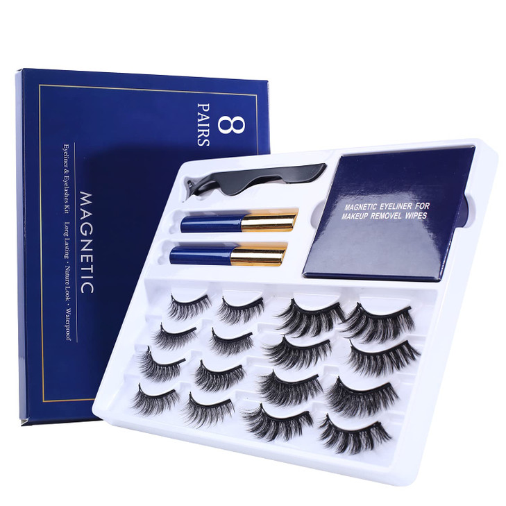 Teqqo Magnetic Eyelashes with Eyeliner - 8 Pairs Reusable Magnetic Eyelashes Kit with 5 Pairs Makeup Removal Wipes, 3D Natural False Lashes with Twee