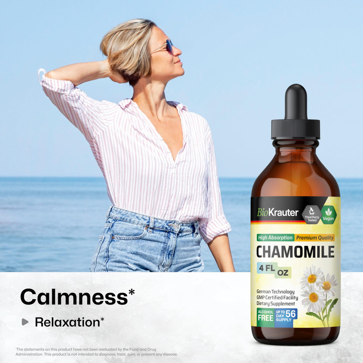 BIO KRAUTER® Chamomile Extract - Liquid Drops Pure Vegan Chamomile Supplement 670 mg per Serving 4 Fl.Oz 56-Day Supply - Used for Calm & Relax - Alco