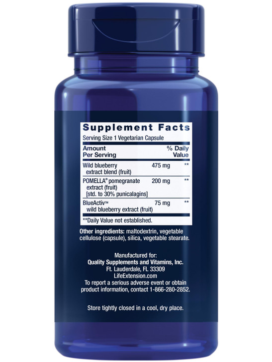 Life Extension Blueberry Extract and Pomegranate, arterial Health Support, antioxidant Defense, Gluten-Free, Non-GMO, Vegetarian, 60 Vegetarian Capsu