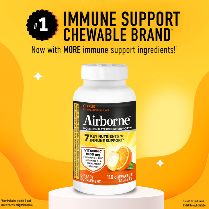 Airborne Vitamin C 1000mg (per Serving) - Citrus Chewable Tablets (116 Count in a Bottle), Gluten-Free Immune Support Supplement, with Vitamins A C E