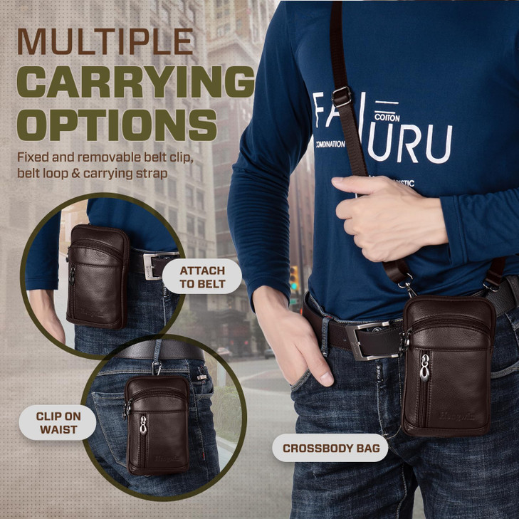 hengwin Leather Cell Phone Holster Fit for iPhone 17 Pro Max 16 Pro Max 15 Pro Max 14 Pro Max Samsung Galaxy A15 S25 Ultra Belt Pouch Crossbody Purse