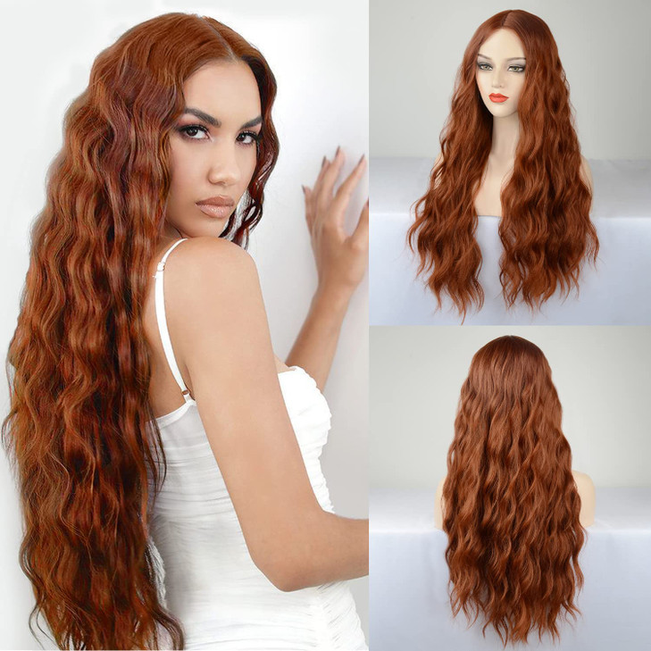WECAN Orange Wig for Women Deep Wave 28 Inches Hair Replacement Wigs Long Wavy Ginger Wig Water Wave Middle Part Curly Synthetic Lace Wig For Cosplay