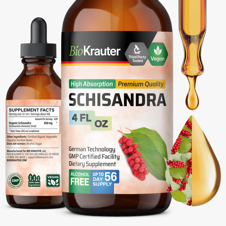 BIO KRAUTER® Schisandra - Liquid Drops Schisandra Berry 650 mg per Serving 4 Fl.Oz 56-Day Supply - Pure Vegan Calm & Mood Support Supplement - Alcoho