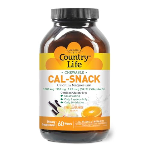 Country Life Cal-Snack, Chewable Calcium, Magnesium with Vitamin D, 1000mg/500mg/50 IU, Dairy-Free, Vanilla Orange Flavor, 60 Wafers, Certified Glute