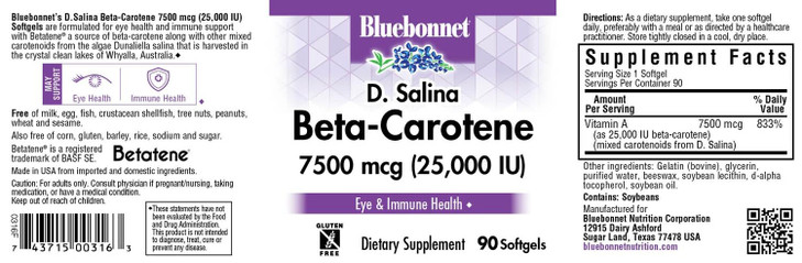 BlueBonnet Mixed Beta-Carotene 25,000 IU (7500 mcg) Eye Vitamins - Vitamin A Supplement D. Salina Algae Beta-Carotene, Lutein & Zeaxanthin for Eye He