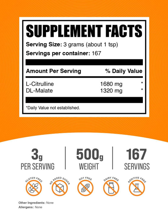 BulkSupplements.com L-Citrulline Malate 1:1 Powder - Citrulline Powder, Amino Acid Supplement - Unflavored & Gluten Free - 3g per Servings, 500g (1.1