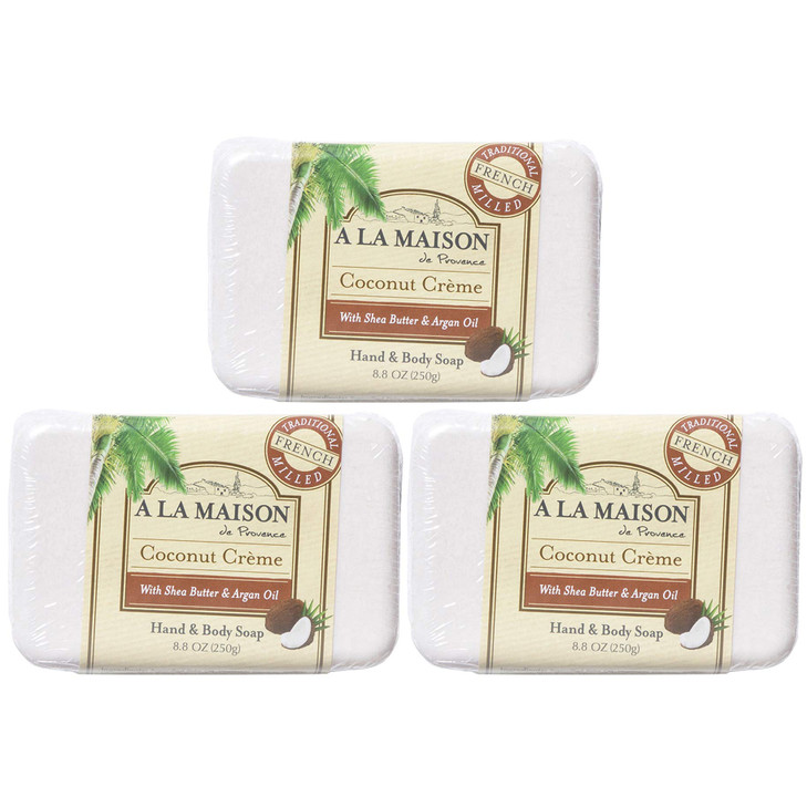 A LA MAISON Coconut Crème Bar Soap - Triple French Milled Natural Moisturizing Hand Soap Bar (3 Bars of Soap, 8.8 oz)