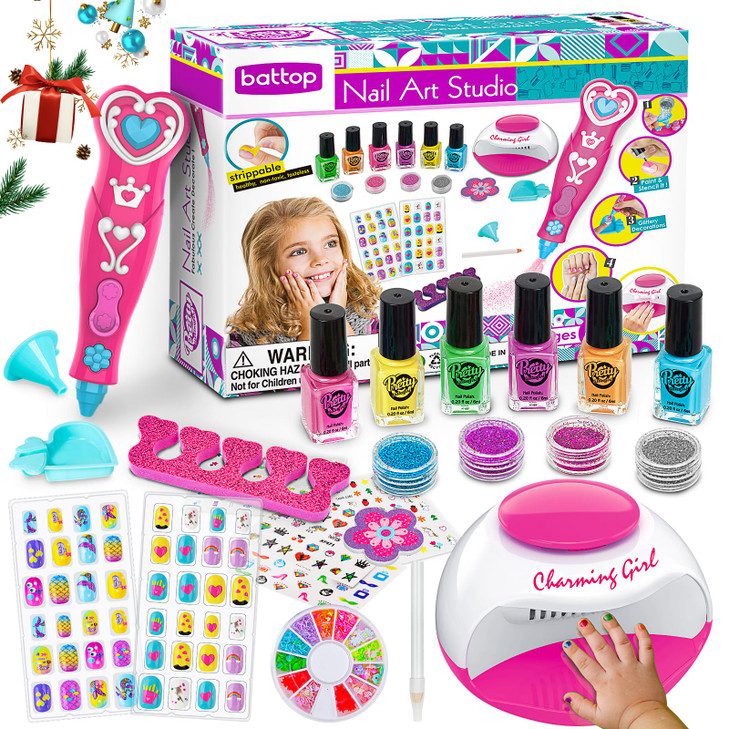 BATTOP Kids Nail Polish Set for Girls, Nail Art Kits with Nail Dryer & Glitter Pen, Quick Dry & Peel Off & Non-Toxic Nail Polish, Christmas Birthday