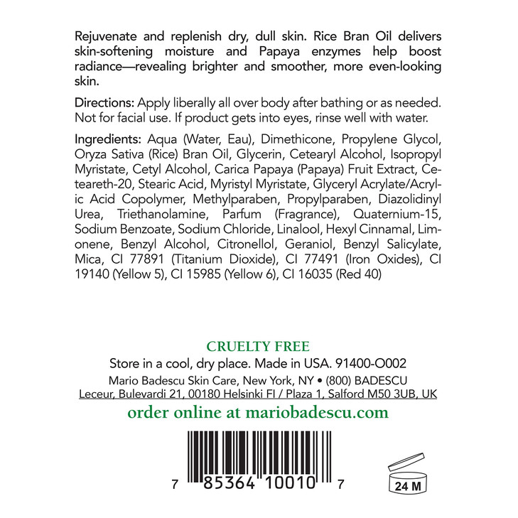 Mario Badescu Papaya Body Lotion for Women and Men, Rejuvenating and Skin Softening Body Moisturizer with Glycerin - Ideal for All Skin Types, 16 Fl