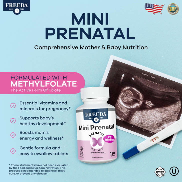 FREEDA Mini Prenatal Vitamin - Kosher Prenatals -Tiny Easy to Swallow Tablets - Prenatal Vitamins with Iron, Prenatal Folic Acid/Folate, Vitamin D -