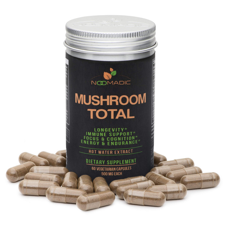 Noomadic Mushroom Total, 60 Capsules, 500mg, 30% Beta Glucans, Adaptogenic Mushroom Complex of Lions Mane, Turkey Tail, Chaga, Reishi, Cordyceps, Hot