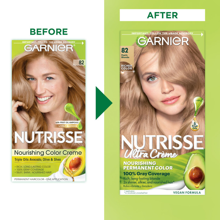 Garnier Nutrisse Ultra Crème Hair Color, Permanent Hair Dye with 100% Gray Coverage, Vegan & Cruelty-Free, 82 Pearly Blonde (Biscotti), 2 Count