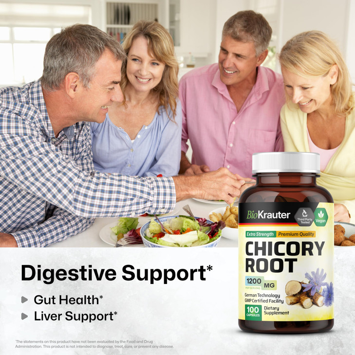 BIO KRAUTER® Chicory Root for Gut & Digestive Support - Pure Vegan Prebiotics & Fiber Supplement in Capsules 1200 mg per Serving 100 Count - No Fille