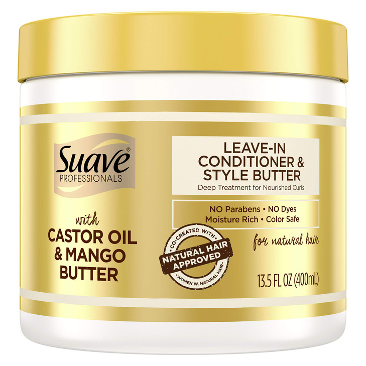 Suave Professionals Hair Conditioner Leave In Styling Butter for Natural Hair Castor Oil & Mango Butter No Parabens, No Dyes, Moisture Rich, Color Sa