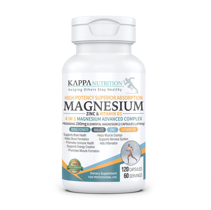 Kappa Nutrition Magnesium 4-in-1, 280mg Elemental Magnesium (Bisglycinate, Malate) + Zinc & Vitamin D3, Brain, Sleep, Energy, Muscle, Immune Support,