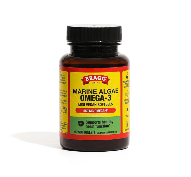 Bragg Omega-3 Supplement Capsules with DHA and EPA - 60 Vegan Softgels - Sustainably-Sourced Marine Algae - Supports Eye and Brain Health