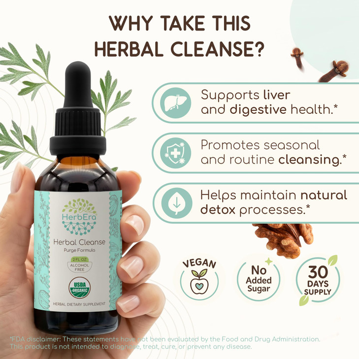 HerbEra Herbal Cleanse Organic Alcohol-Free Tincture | Detox and Cleanse Formula, Extract Supplement | Organic Wormwood Herb, Black Walnut Hull, Clov