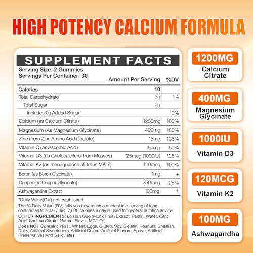 Calcium 1200 mg with Vitamin D3 Gummies for Adults - Calcium Citrate with Vitamin D3 K2, Magnesium, Zinc, Boron, Copper and Ashwagandha - Extra Absor