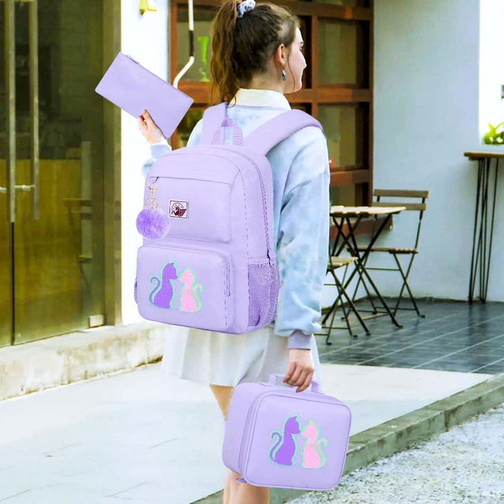 3PCS Cat Backpack, Water Resistant Girls Aesthetic Bookbag with Lunch Box, 18 Inch Cute Anti Theft School Bag Set for College Teenagers Senior Junior