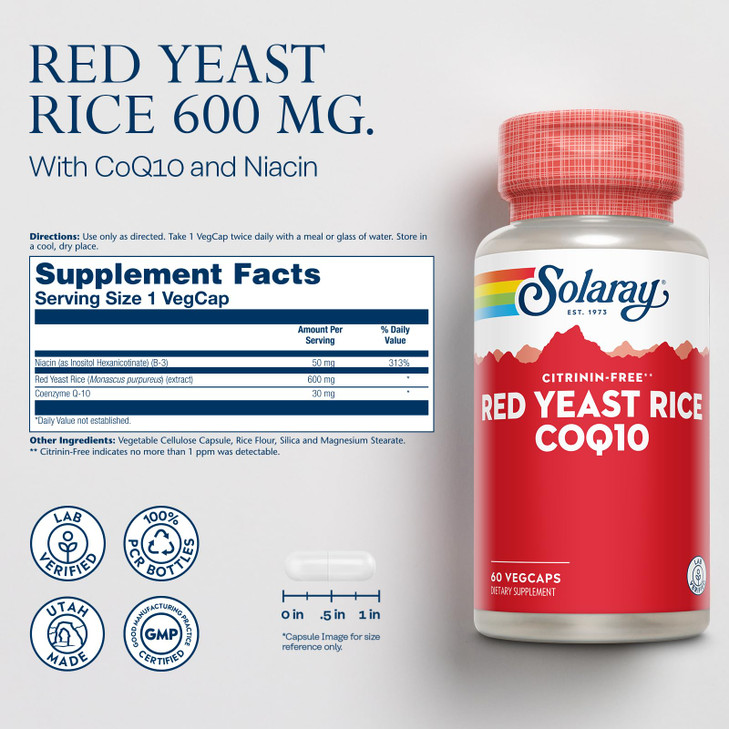 SOLARAY Red Yeast Rice Plus CoQ-10 & No-Flush Niacin Vitamin B-3, Healthy Heart & Cardiovascular Support, Non-Irradiated & Citrinin Free, 60 Day Mone