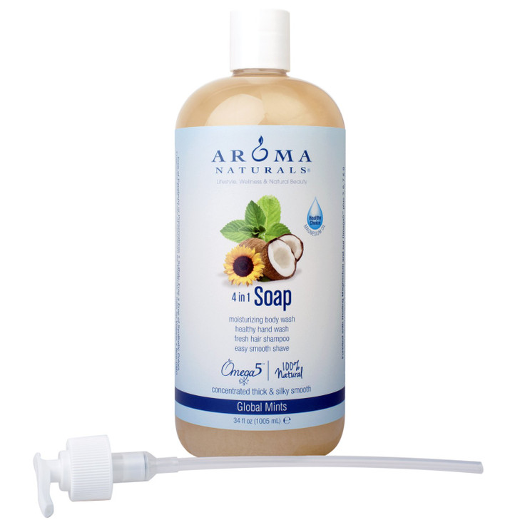Aroma Naturals Extraordinary Natural 4-in-1 Castile Liquid Soap, Global Mints, 34 Ounce