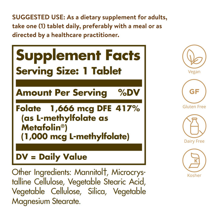 Solgar Folate 1000 mcg, 120 Tablets - 1000 mcg Bio-active Metafolin - Vegan, Gluten Free, Dairy Free, Kosher - 120 Servings