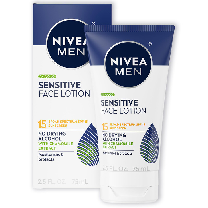 NIVEA MEN Sensitive Face Lotion with SPF 15, Broad Spectrum Sunscreen, 3 Pack of 2.5 Fl Oz Tubes