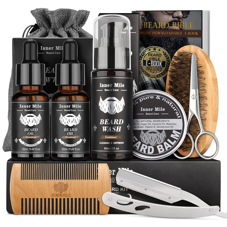 Isner Mile Beard Grooming Kit for Men Care: with Beard Wash - Oil - Balm - Brush - Comb & Straight Razor, Mens Birthday Christmas Stocking Stuffers V
