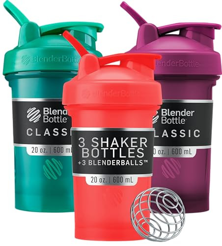 BlenderBottle Classic V2 Shaker Bottle Perfect for Protein Shakes and Pre Workout, 20-Ounce (3 Pack), Red, Green, Plum