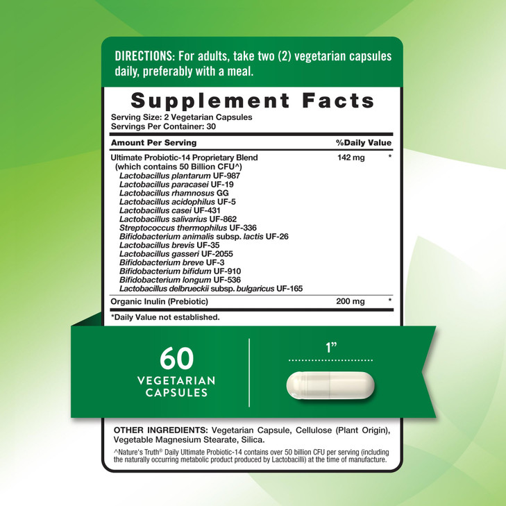 Nature's Truth Probiotic for Women and Men | 50 Billion CFU | 14 Probiotic Strains | 60 Capsules | Stomach Friendly | 200mg Prebiotics | Vegetarian,