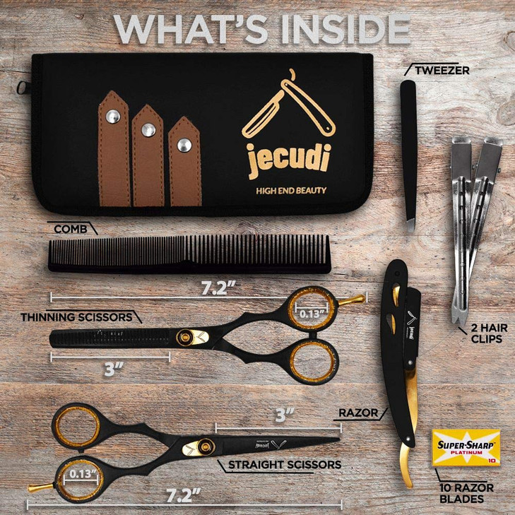 Jecudi Professional Hair Cutting Scissors Set - Handmade Japanese Stainless Steel, Includes Barber Scissors, Hair Shears, Tweezers, Razor, 10 Blades,