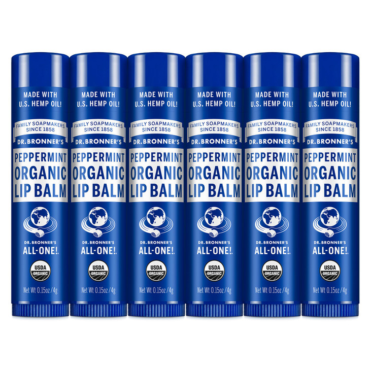 Dr. Bronner's - Organic Lip Balm (Peppermint, 0.15 ounce, 6-Pack) - Made with Organic Beeswax and Avocado Oil, For Dry Lips, Hands, Chin or Cheeks, J