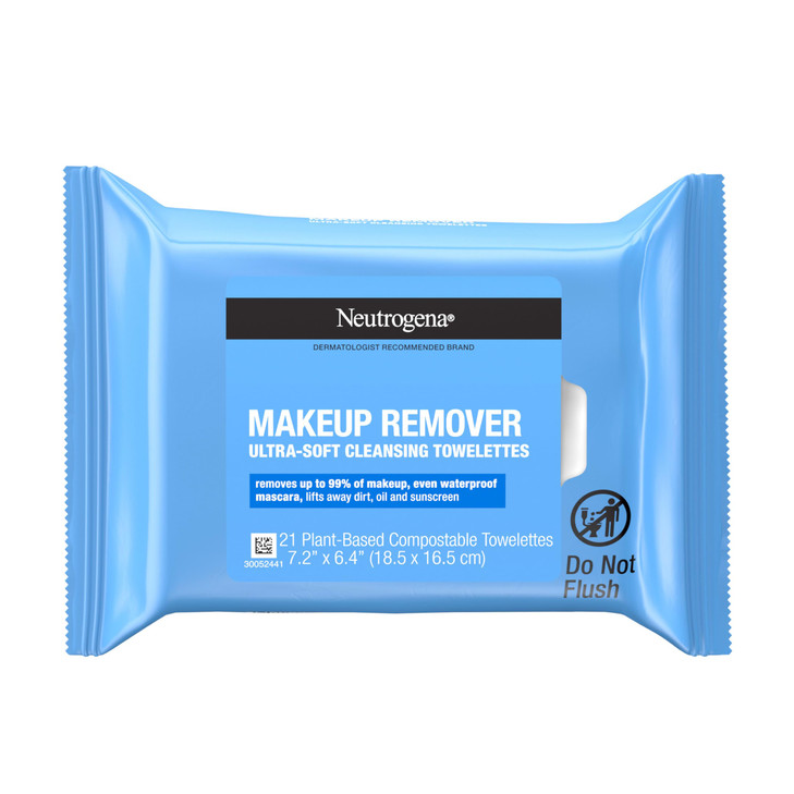 Neutrogena Makeup Remover Wipes, Daily Facial Cleanser Towelettes, Gently Cleanse and Re-move Oil & Waterproof Makeup, Alcohol-Free Makeup Wipes, 21