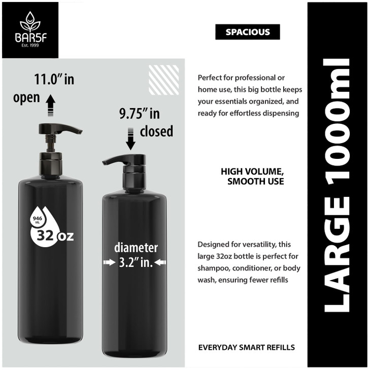 Bar5F 1-Liter BPA-Free Black Pump Bottles  Refillable PET Plastic Dispensers for Shampoo, Conditioner & Body Wash with UV Shield Gloss Finish, Heavy
