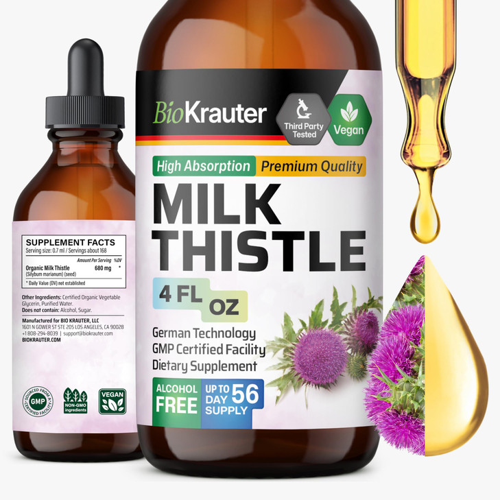 BIO KRAUTER® Milk Thistle Supplement - Liquid Pure Vegan Milk Thistle Extract 680 mg per Serving 4 Fl.Oz 56 Days of Supply - Liver Cleanse & Detox, ?