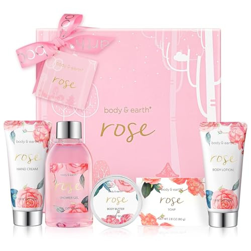 Bath and Body Gift Set for Women, Body & Earth 5 Pcs Rose Spa Gifts for Women, Self Care Kit, Lotion Set for Her, Birthday, Mothers Day Presents for