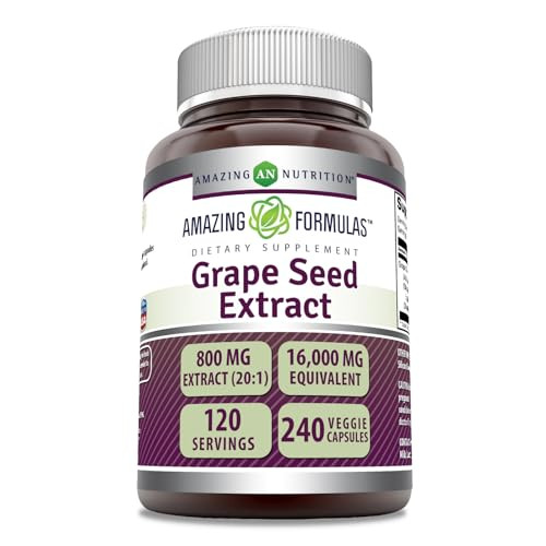 Amazing Formulas Grape Seed 800 Mg Extract (20:1) | 16000 Mg Equivalent | Veggie Capsules | Non-GMO | Gluten-Free | Made in USA (240 Count)