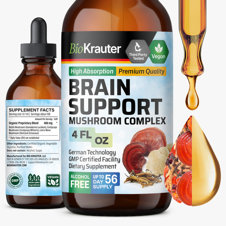 BIO KRAUTER Brain Support Mushroom Supplement - Lions Mane, Cordyceps and Reishi Liquid Extract - Mushroom Tincture - Vegan, Alcohol & Sugar Free Dro