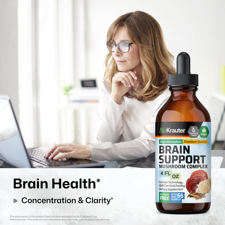 BIO KRAUTER Brain Support Mushroom Supplement - Lions Mane, Cordyceps and Reishi Liquid Extract - Mushroom Tincture - Vegan, Alcohol & Sugar Free Dro